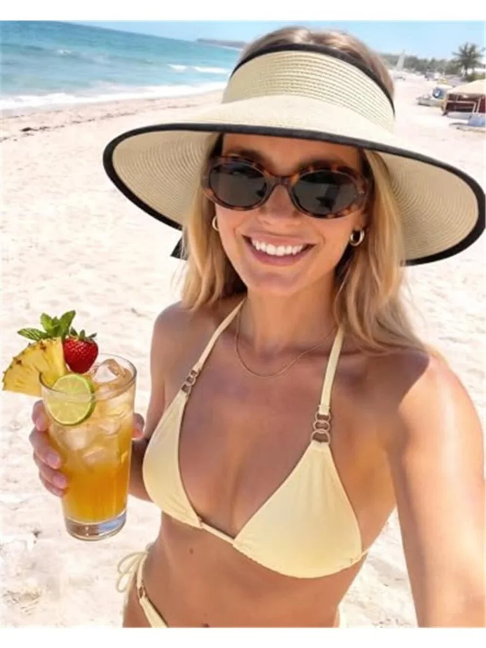Sun Visors for Women Wide Brim Beach Hat Foldable Straw Visor Hat Ponytail